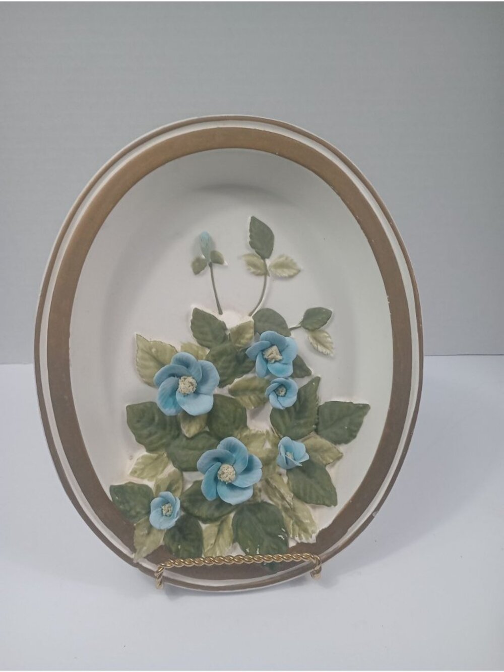 Vintage  Red Foil Label Lefton Blue Floral Ceramic Oval  Wall Plaque Grandma Cor